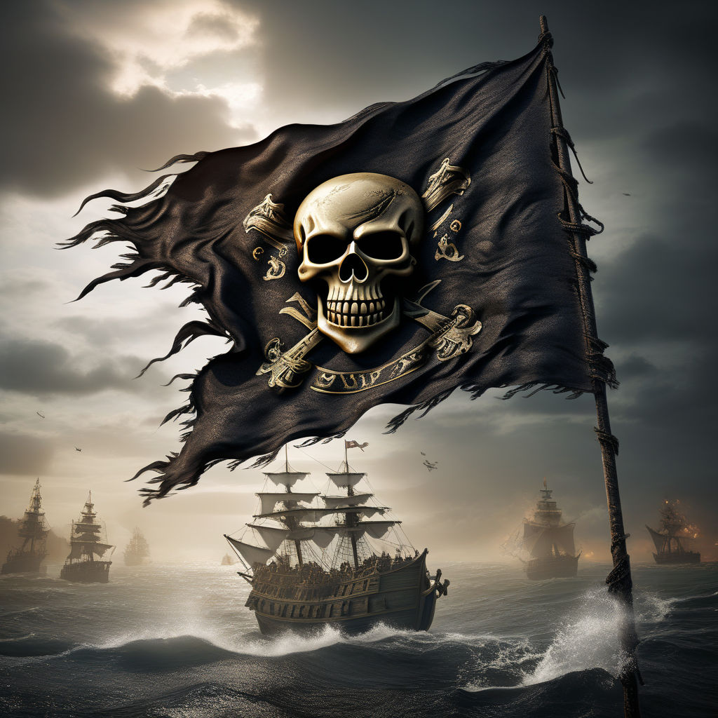 Pirate flag with skull and bones waving in the wind, cloudy sky