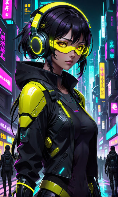 anime cyberpunk girl wearing futuristic outfit in a neon city at