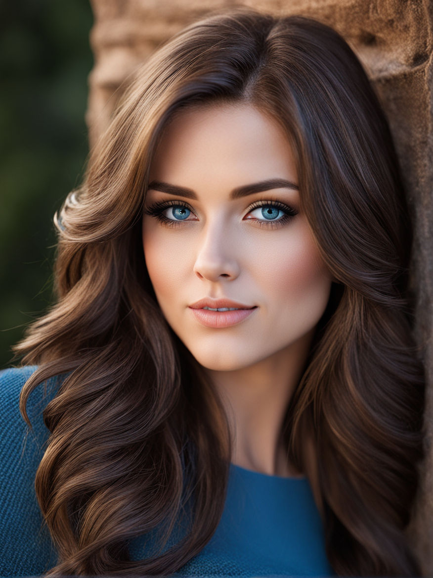beautiful girl, long brown hair, blue eyes, above average breast 