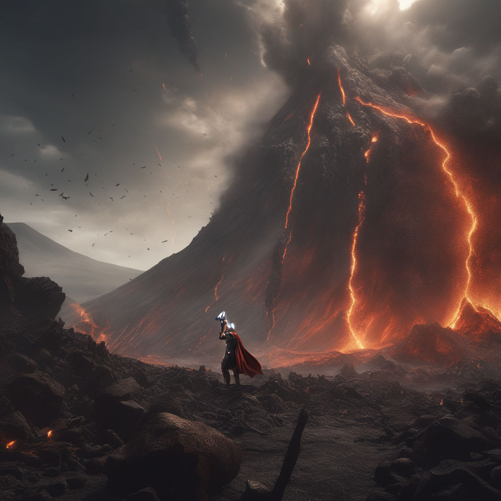 Two anime characters fighting each other intensely with katanas in the  centre of the frame underneath an erupting volcano with lava flowing down