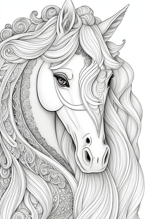 Cute standing cartoon unicorn. Coloring book page with colorful