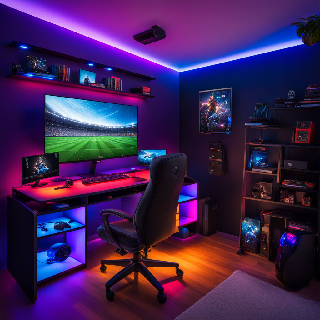 Awesome gaming setup from the future. Elegant gaming concept. Stylish room  for entertainment. Greatest interior ever. Generative AI. Illustration  Stock