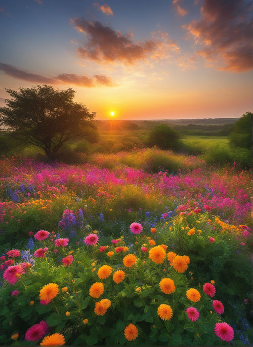 Cosmos flower field landscape at sunset