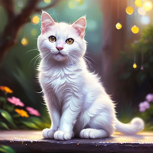 adorable tiny white cat, crouching, playful, happy, kawaii style