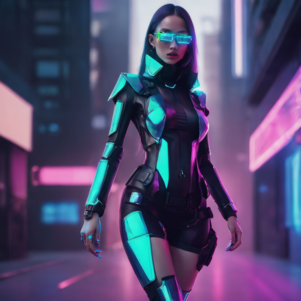 anime cyberpunk girl wearing futuristic outfit in a neon city at