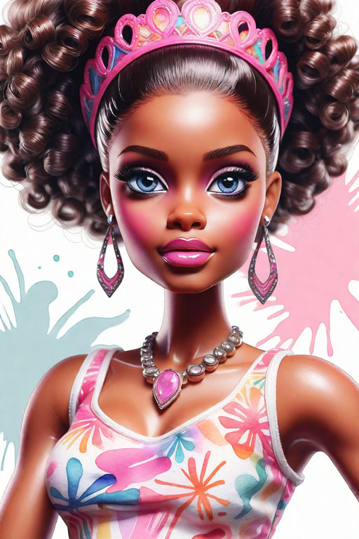 Poupée Bratz hyperdétaillée, peau claire, fille noire, 4k, cheveux bouclés,  Disney Animation Storybook, réalisme, style naturaliste et réaliste ·  Creative Fabrica