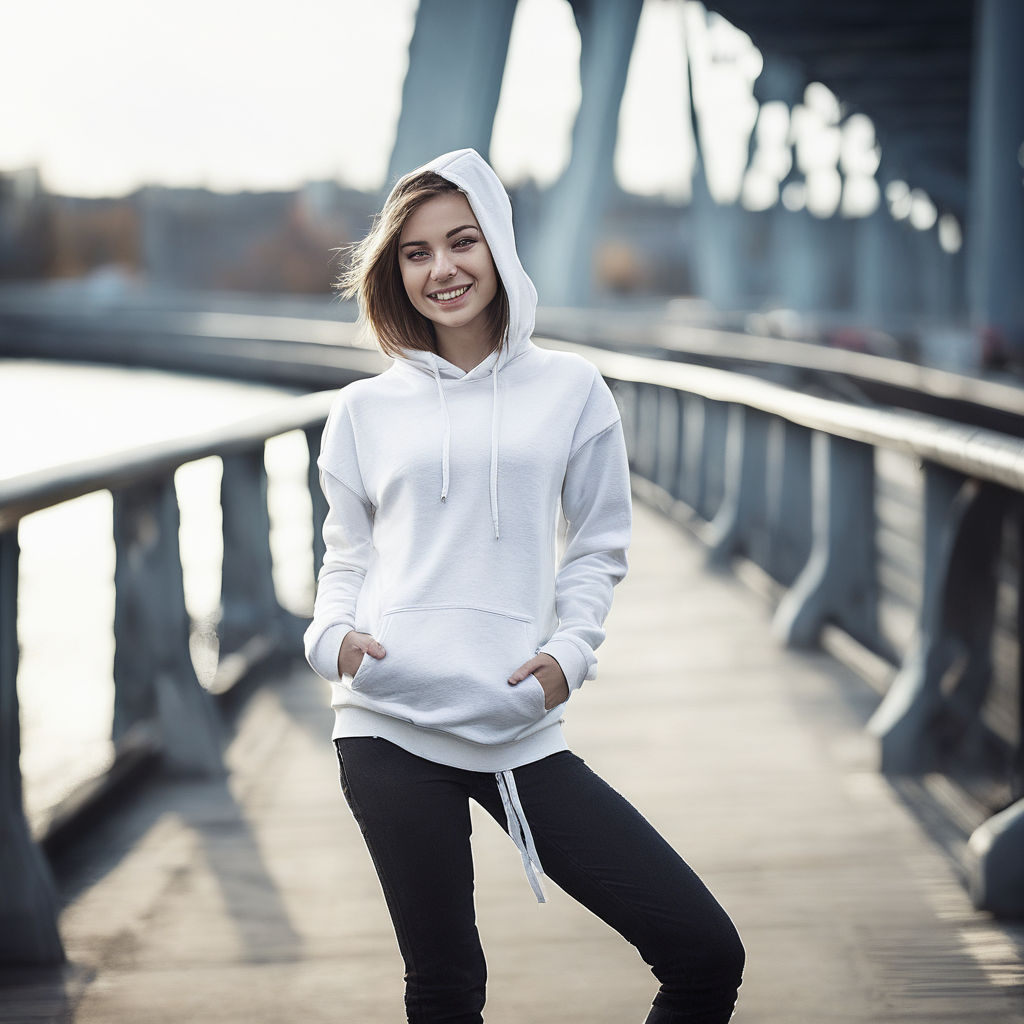 A teenage girl in a hoodie and leggings walks in the city Stock Photo by  natalya_ugr