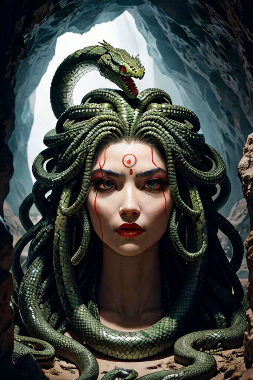 full body shot of Medusa snakes hair goddess. snake skin. fangs. snake  eyes. High detail. intricate. 32k. hyperrealistic. full color. 16 million  colors. HDR. Ancient Greece background. VERY HUGE - Playground