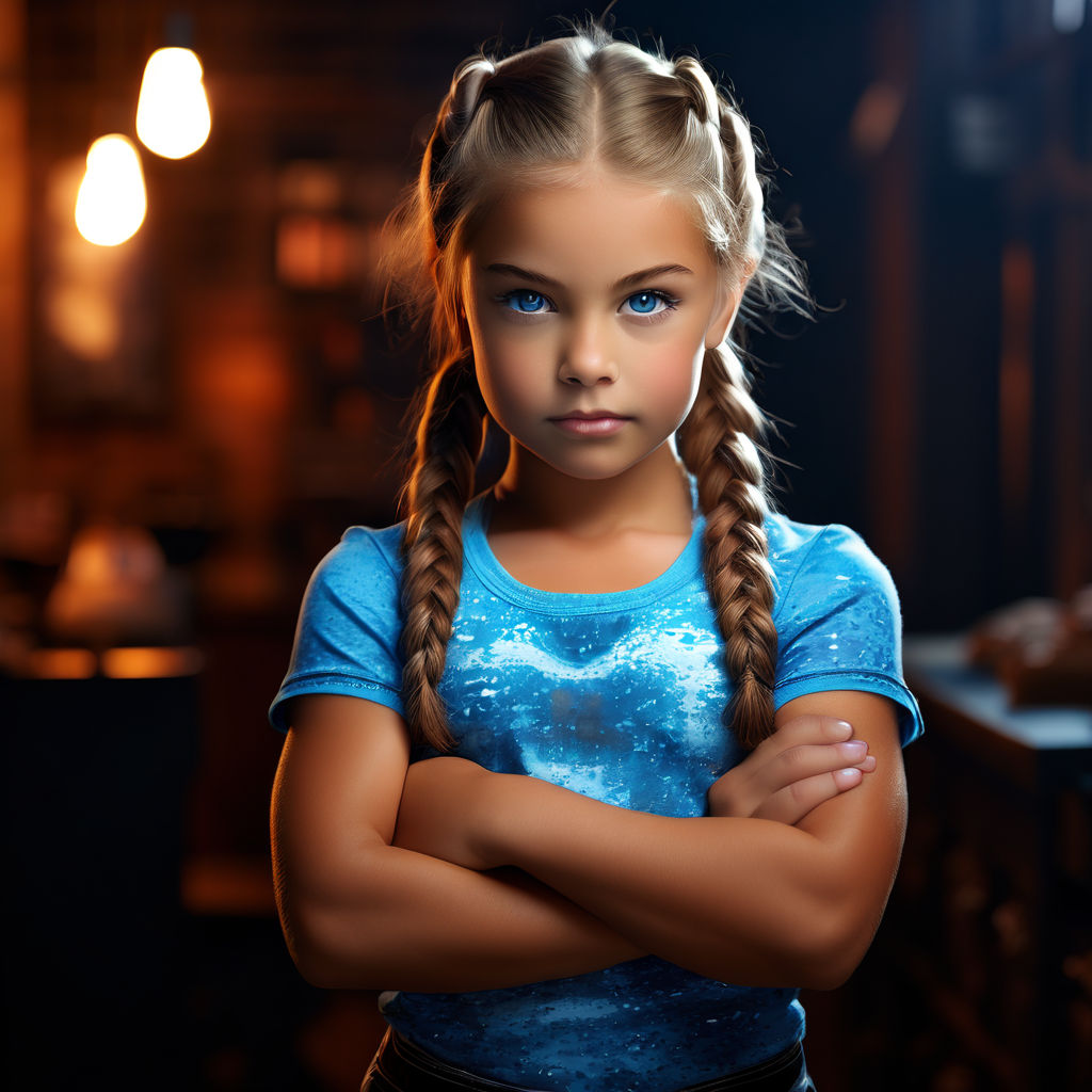 blonde 10-year-girl scowling. White tank top. Bare shoulders. Little.  Symmetry. Beautiful. - Playground