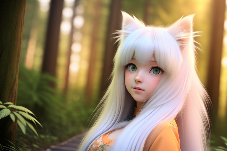 anime fox girl with white hair