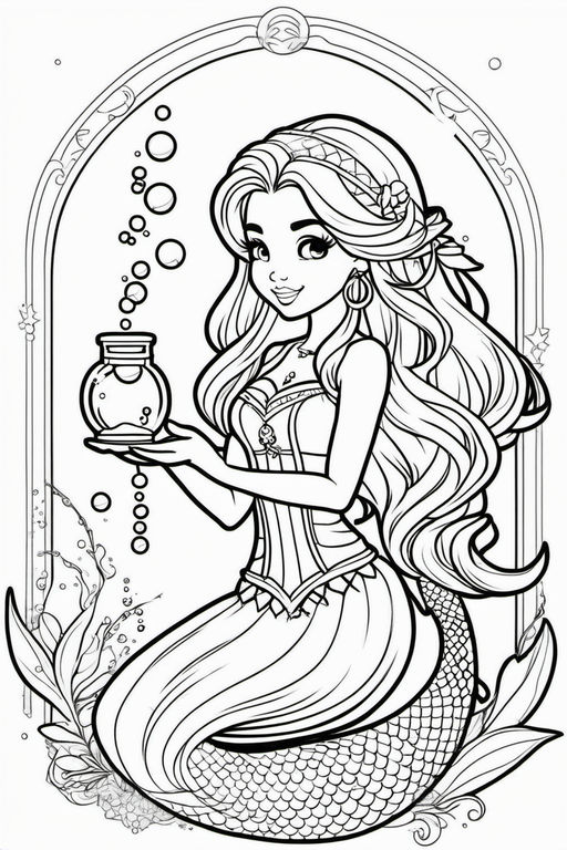 mermaid black and white coloring page