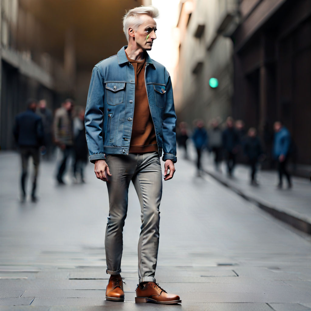 Closeup hipster jovem com cabelo curto, vestindo um top da moda, jeans,  botas, andando na rua urbana.