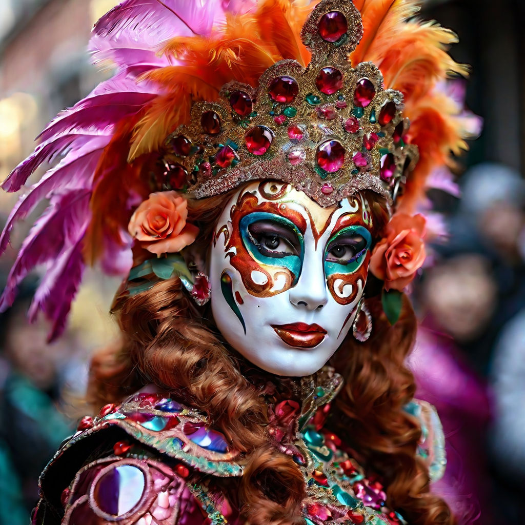 Acrylic, plexiglass Exquisite carnival mask adorned with vibrant feathers  against a shimmering golden backdrop. A glamorous design evoking the  essence of the Venice carnival. Generative AI, ID 658805290