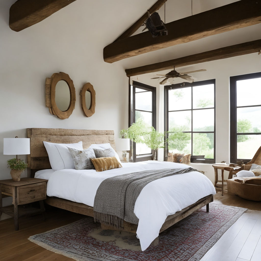 Cozy rustic bedroom with boho ethnic decor. Large windows. Double wooden bed  with many pillows and handmade textiles. Wooden furniture. Plants in the  interior. Nobody. Large windows in appartment. Stock Photo