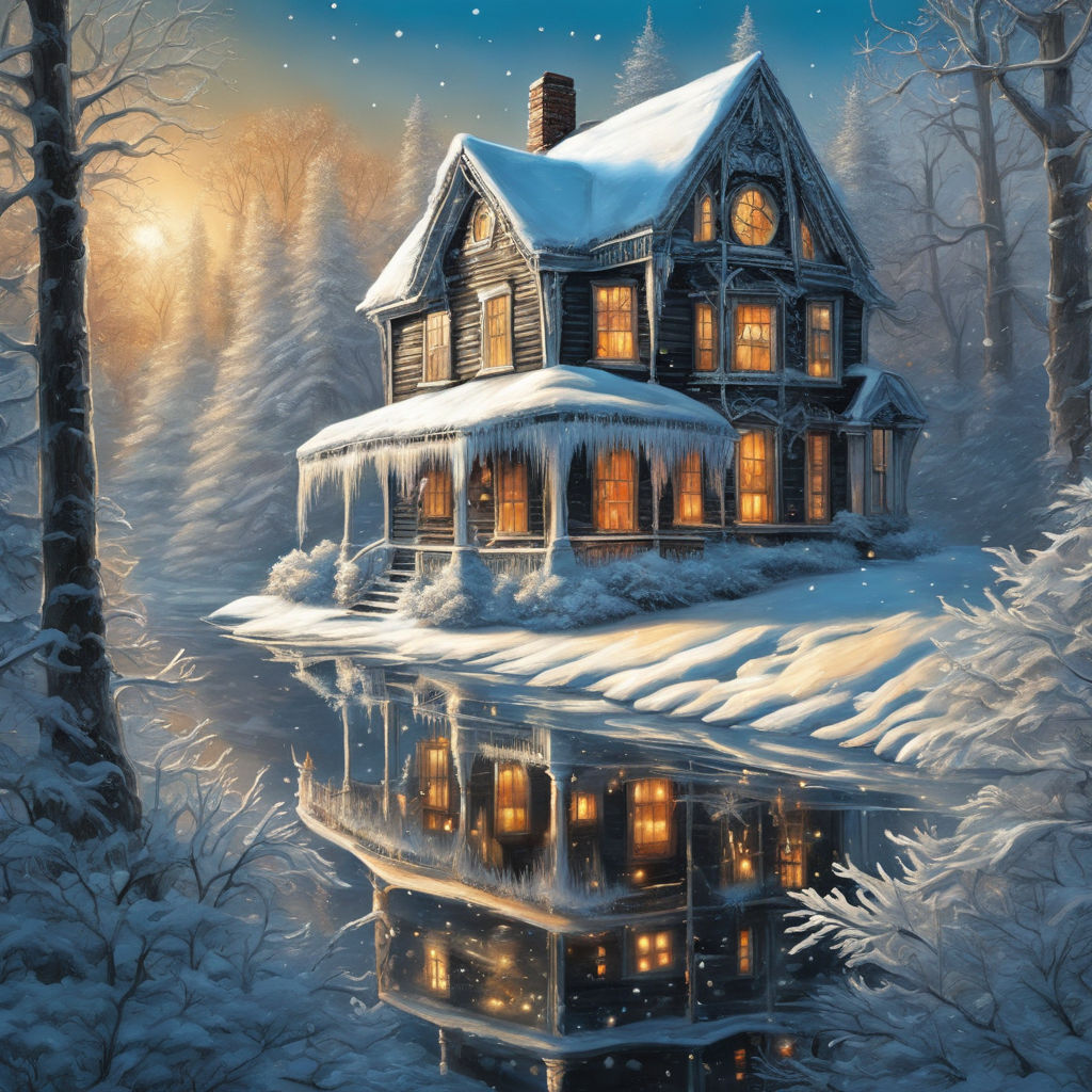 old english christmas cottage with in a forest with lighted windows and  moonlight in snow by a river - Playground