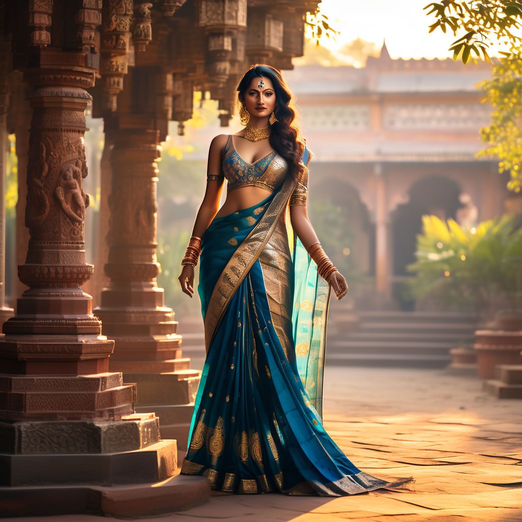 A beautiful woman in sleeveless string lace blouse and peach saree