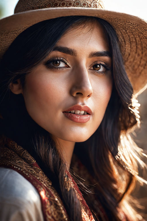 short mexican surreal woman shoulder length dark black wavy curly hair  portrait in nyc with freckles on tan skin wearing crop top and witch hat  shy sweet magic vibe cheeks flushed warm