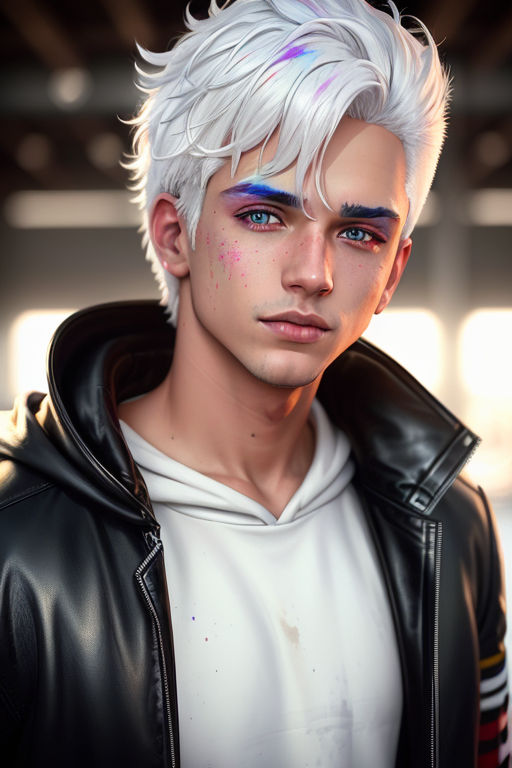 Anime boy with intricate white hair and blue eyes Stock