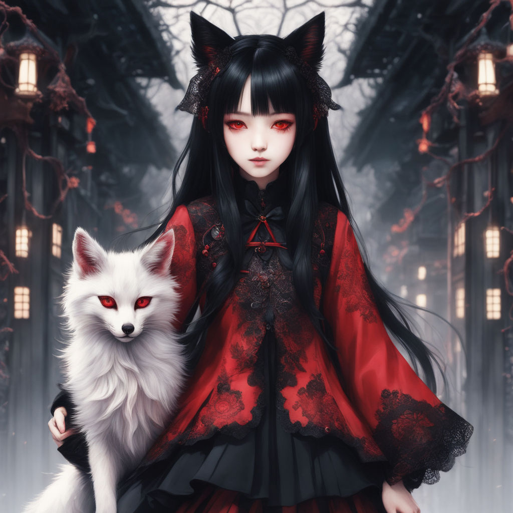 Beautiful anime girl with black hair and red eyes