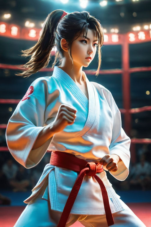 Cute anime girl in white karate gi with dual-colored hair on Craiyon