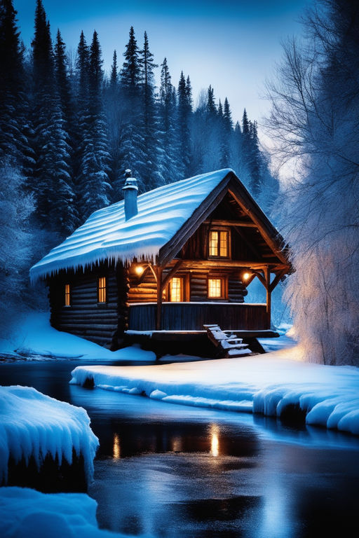 log cabin in the snowy mountains