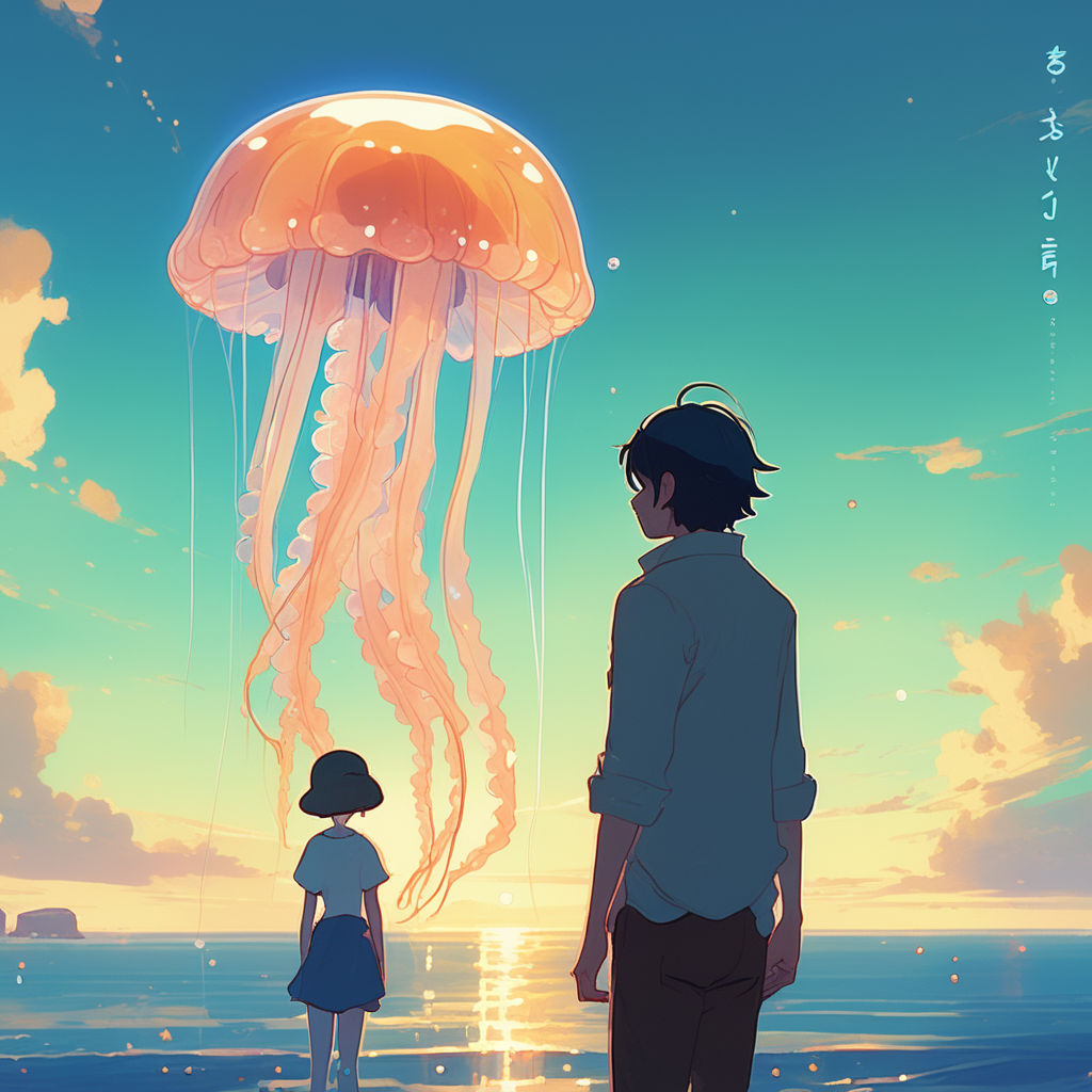 An anime key visual of a girl wearing a beautiful dress in the shape of  jellyfish and inspired by jellyfish, facing the camera, full-length shot,  dark background, underwater, emitting light, neon purple