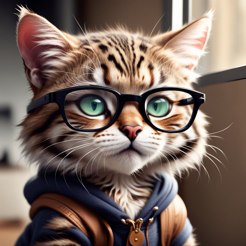 Cute Kitten Wearing Glasses and Sitting Cartoon Kawaii Chibi