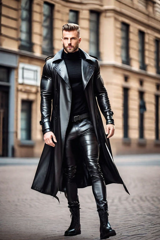 wearing a long leather coat and tight leather hot pants - Playground
