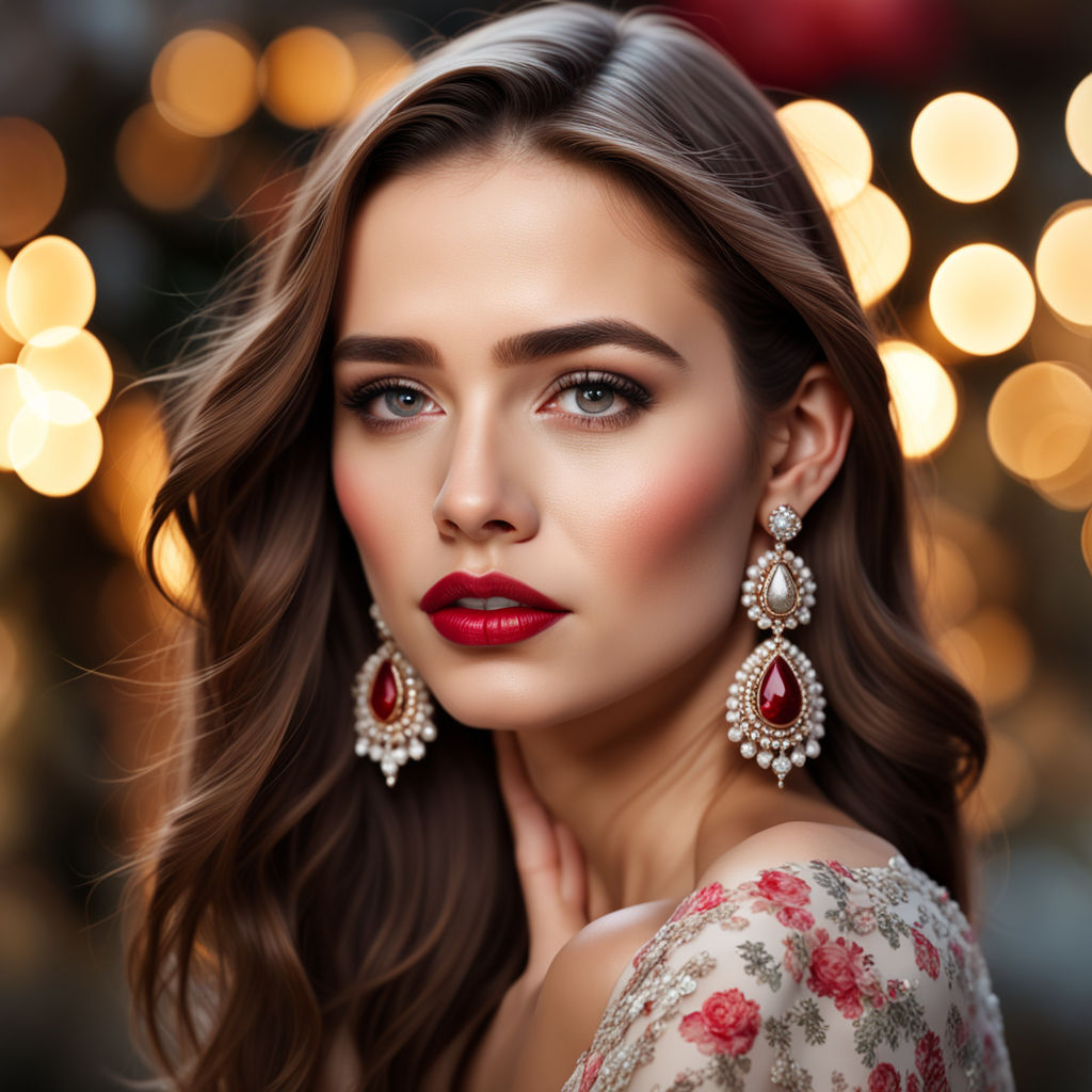 Beautiful sexy woman brunette Brown eyes in a red dress in lavish earrings  with diamonds and watches on the Burgundy leather strap evening makeup, red  lipstick, raised a hand up Stock Photo