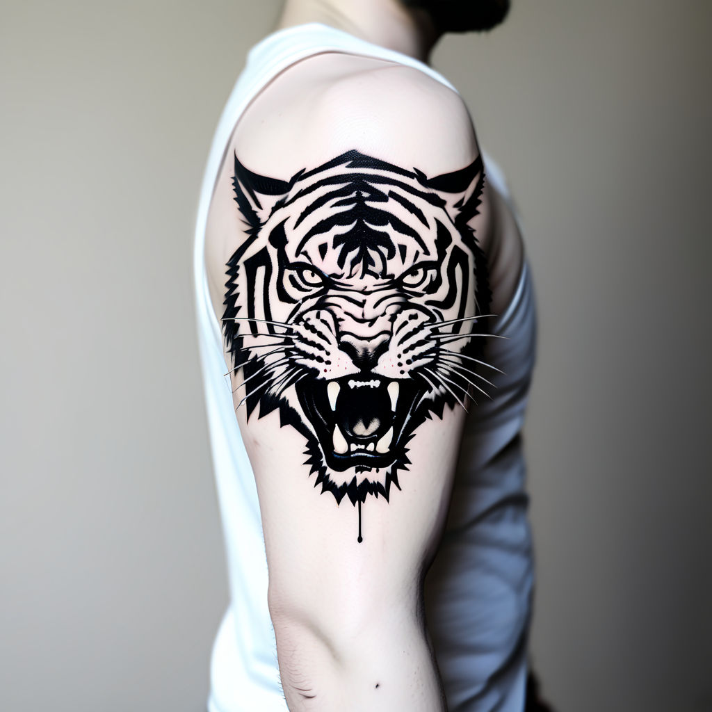 Full tattoo sleeve with minimalist tiger, monstera foliage, beach landscape  tattoo idea | TattoosAI