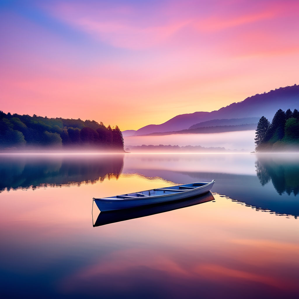 Small empty fishing boat on lake river water pond at sunrise sunset dawn  early morning dusk with sun rays and trees forest on horizon feeling  peaceful relaxed serene calm meditative Photos