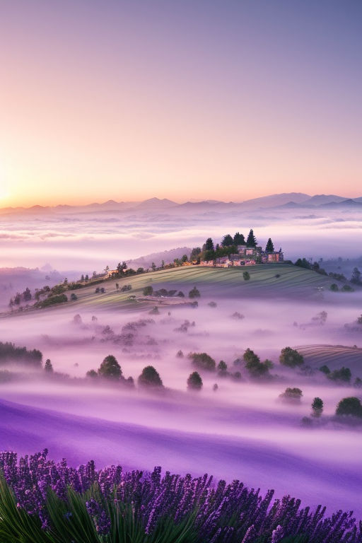 Lavender fields Wallpaper 4K, Purple, Foggy, Landscape, Tree