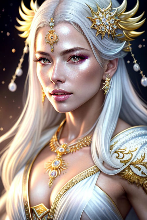 Manhwa style drawing of a greek goddess with brown hair and white eyes  wearing a traditional dress and golden jewelry