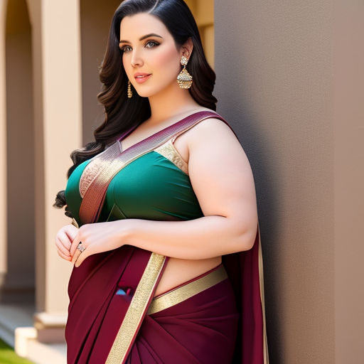 Design help for plus size modern well endowed tall Bengali woman with plump  lips and heavy makeup wearing deep cut bikini halter sleeveless blouse with  bra like fitting and low tied red