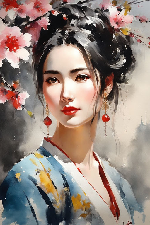 Chinese Ink Painting Style of a Beautiful Girl Character