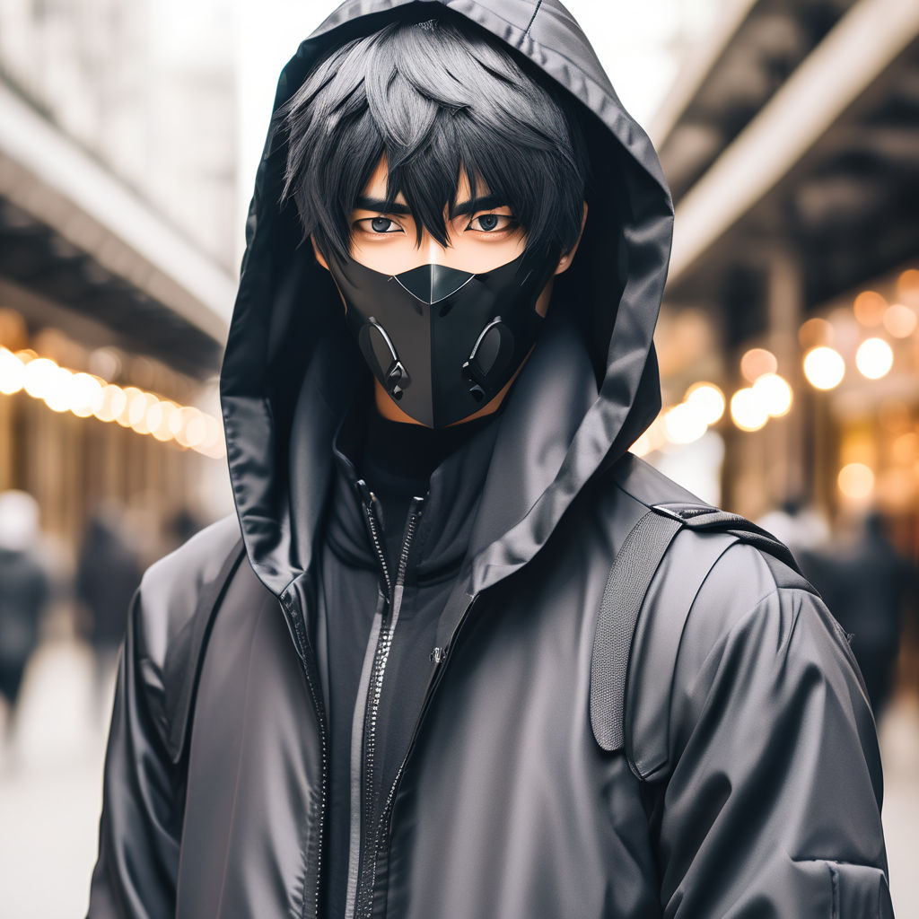 black facemask and a black hoodie. - Playground