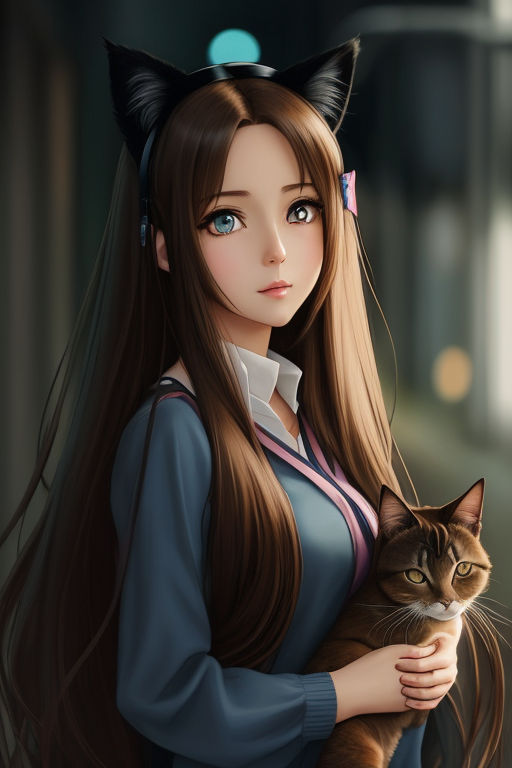 Anime girl with brown hair, blue eyes, coat, bright lights, kawaii,  beautiful~