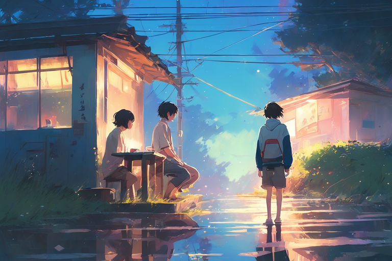 with a lavender and pink sky above. A gentle stream below reflects the  cat's silhouette. Render the scene in the detailed and emotive style of  anime artist Makoto Shinkai. - Playground