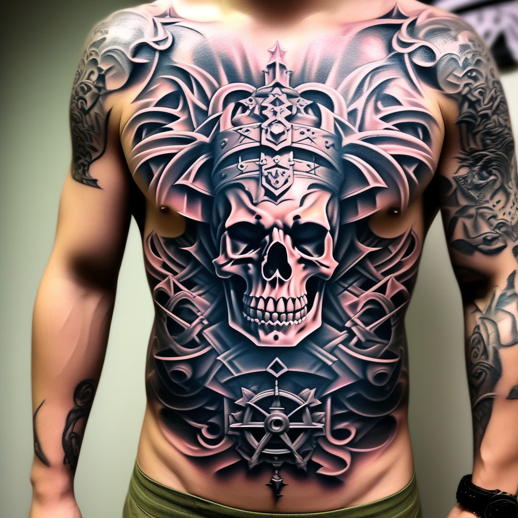 tribal tattoo along chest, colorful, intricate detail | Stable Diffusion