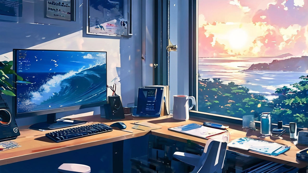 Anime Man in LoFi Desktop Room Wallpaper by patrika