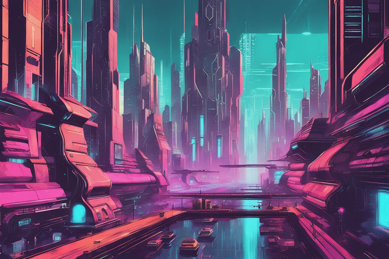 Sci-fi Fantasy City, Cyberpunk Buildings Illustration. Neon Colors