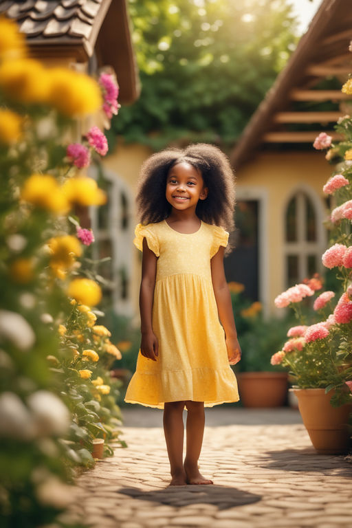 The girl is wearing a beautiful yellow and white dress - Playground