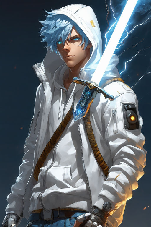 anime guy with blue hair and sword