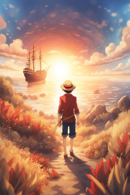 An anime-inspired artwork of one piece characters at sundown