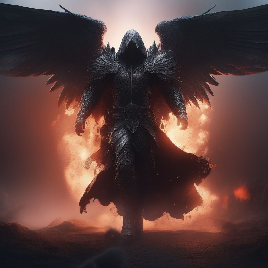 Dark fantasy image of black angel wings descending into abyss on