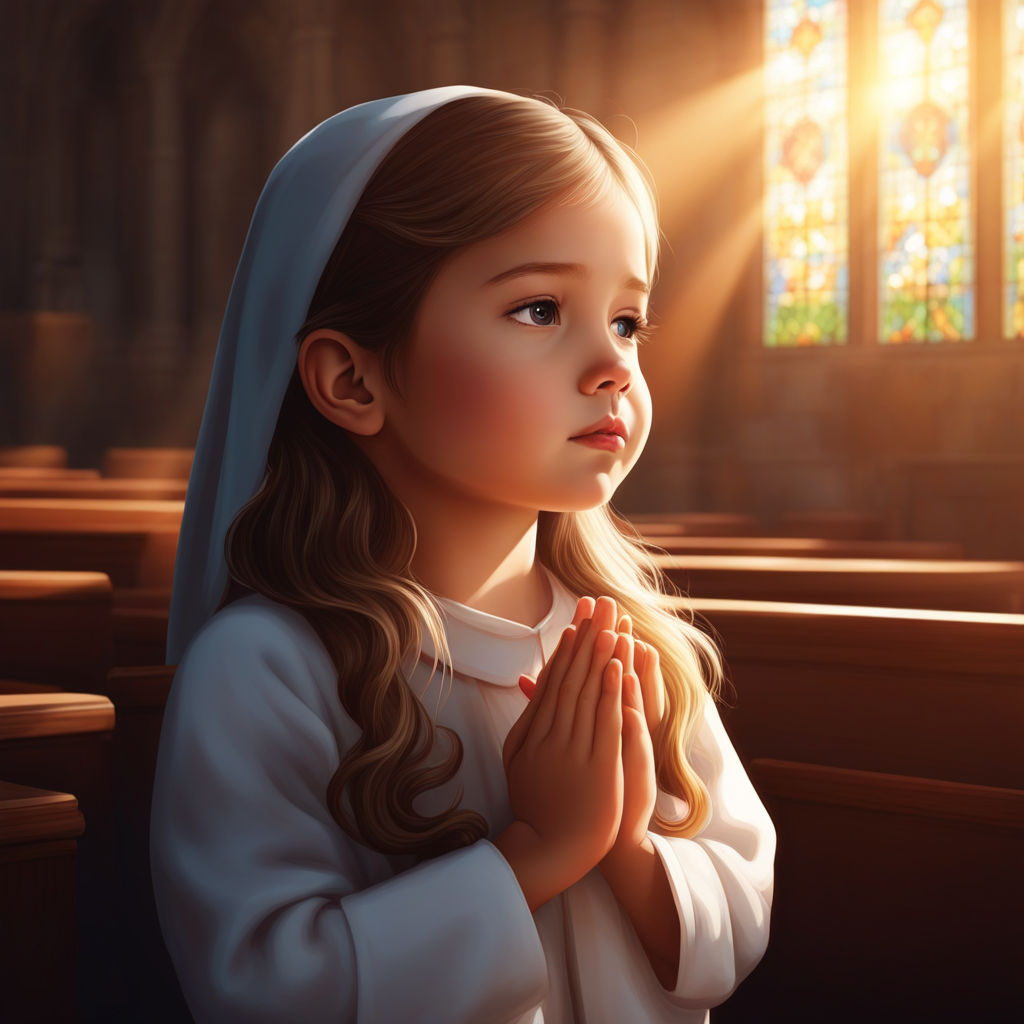 cute small girl praying in the church and Jesus giving blessing