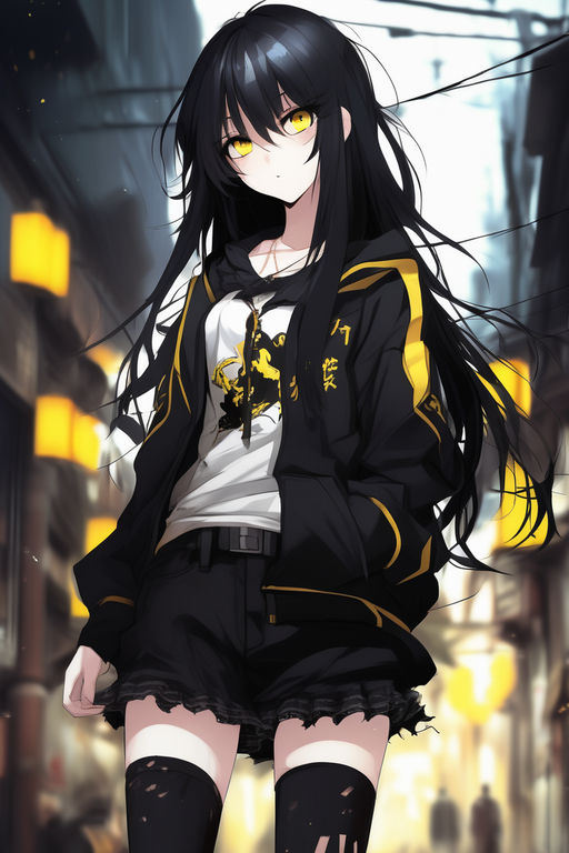 tubby-goshawk85: A girl with long black hair in a high ponytail with  mustard-brown skin and gold eyes anime style. 2D