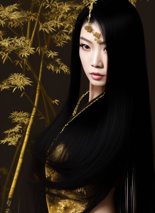 Prompt: Chinese princess, beautiful, long black hair, gold, bamboo,, sf, intricate artwork masterpiece, ominous, matte painting movie poster, golden ratio, trending on cgsociety, intricate, epic, trending on artstation, by artgerm, h. r. giger and beksinski, highly detailed, vibrant, production cinematic character render, ultra high quality model