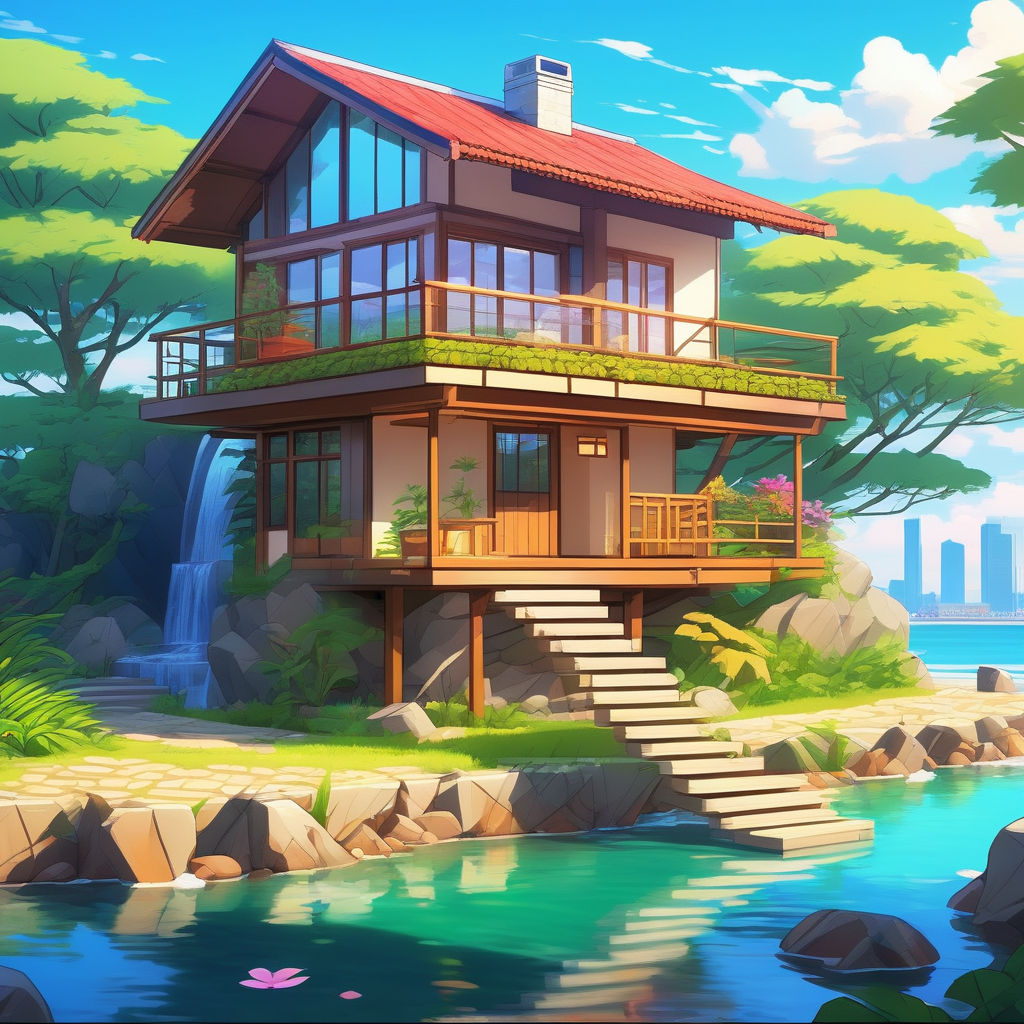 Facade of house in Japan near blooming rosewood. Anime. Spring or Summer.  Stock Illustration | Adobe Stock