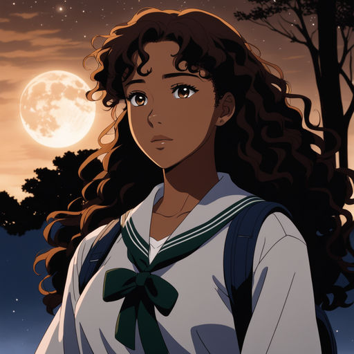 Draw girl in 90' anime style whit black curly hair and brown eyes